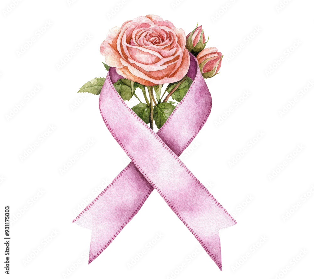 Fototapeta premium watercolor illustration of A beautiful rose entwined with a pink ribbon, symbolizing love, support, and awareness. isolated on a white background.