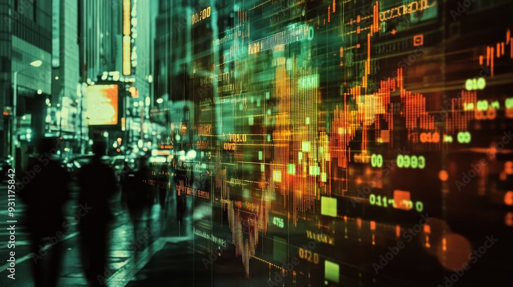 Naklejka premium Blurry Cityscape with Financial Data Display Reflected in Window