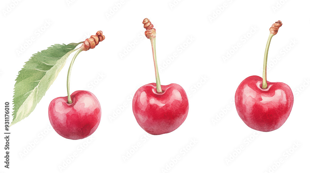 watercolor illustration of A collection of vibrant, fresh cherries with green leaves, isolated on a white background. watercolor illustration of A collection of vibrant, fresh cherries with green leaves, isolated on a white background.