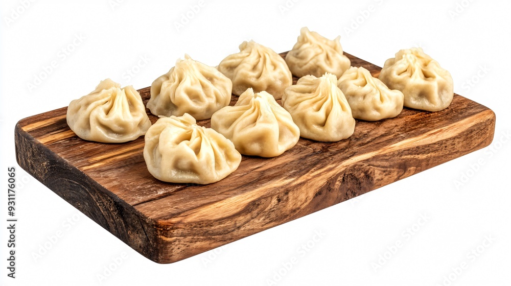 Wooden Board with Uncooked Khinkali Dumplings - Culinary Delight and Tradition Wooden Board with Uncooked Khinkali Dumplings - Culinary Delight and Tradition