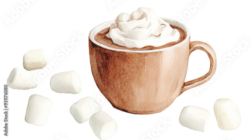 watercolor illustration of A cozy cup of hot cocoa topped with whipped cream and surrounded by fluffy marshmallows, isolated on a white background.