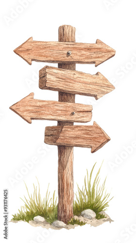 watercolor illustration of A rustic wooden signpost with multiple arrows pointing in different directions, isolated on a white background.