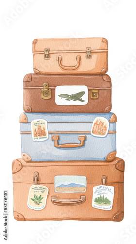 watercolor illustration of A stack of vintage suitcases adorned with travel stickers isolated on a white background.