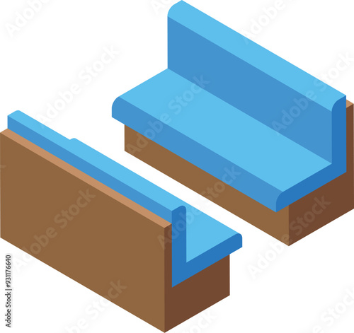Isometric double bench with blue seats for waiting room or public place