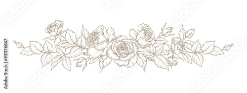 Elegant Flower bouquet. Hand drawn Rose flowers,  leaves and branches in line art style. Vector Floral vintage illustration for tattoo, wedding invitation, save the date, card, greeting, wallpaper