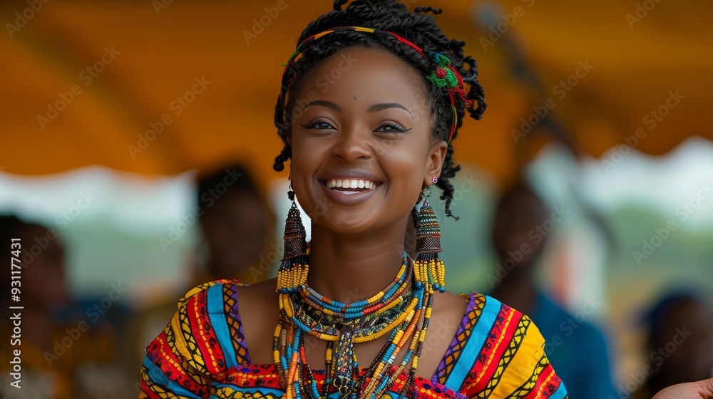 Fototapeta premium A smiling woman in traditional African attire enjoying a vibrant cultural event outdoors during the day