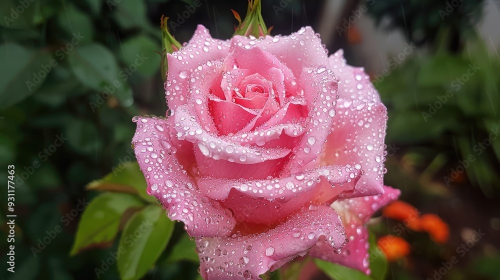 Large rose bloom adorned with raindrops Large rose bloom adorned with raindrops