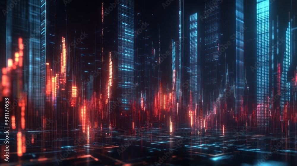 Obraz premium Abstract digital city with glowing blue and red skyscrapers