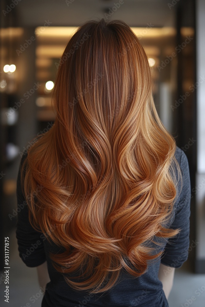 Long wavy auburn hair in soft indoor lighting