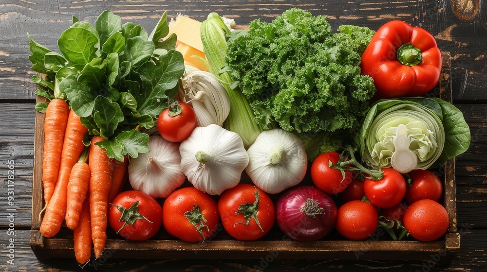 Fresh assortment of vibrant vegetables on a wooden tray Fresh assortment of vibrant vegetables on a wooden tray