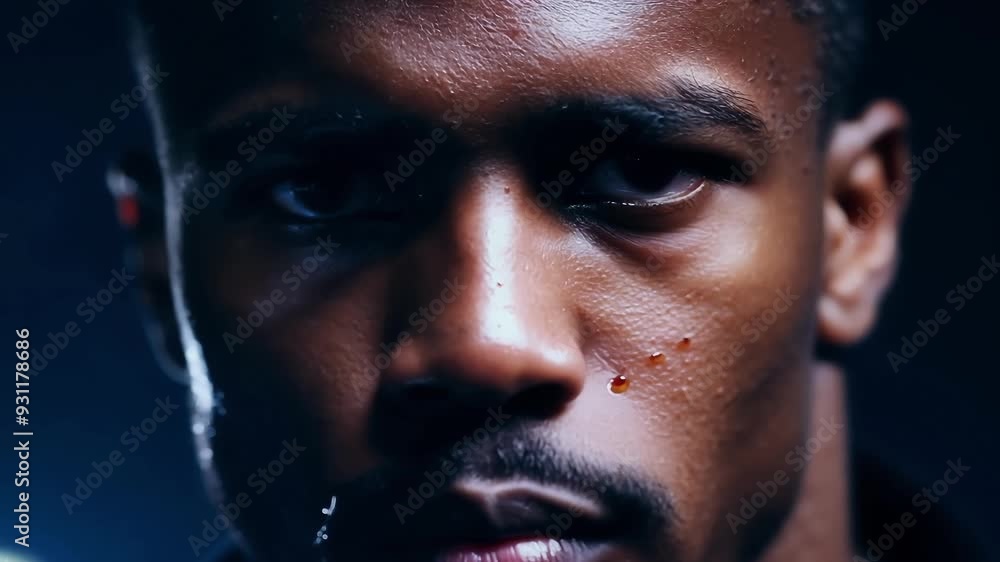 Determined young athlete with blood on his face shows strength and focus, inspiring others with his perseverance and power Determined young athlete with blood on his face shows strength and focus, inspiring others with his perseverance and power
