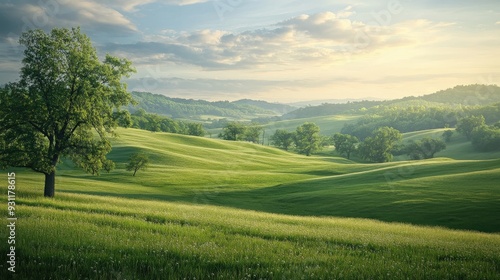 Discover the tranquility of a serene countryside, where rolling hills and open fields create a picturesque