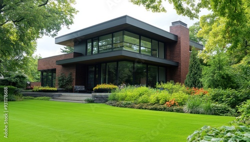 Modern house with a garden and lawn in front