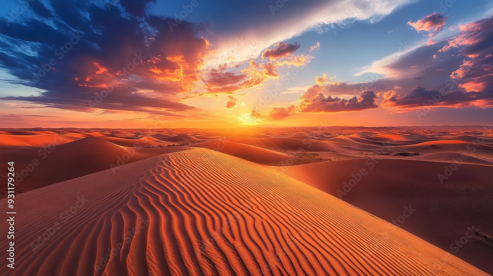 Experience the dramatic landscape of a desert at sunset, where golden sand dunes Experience the dramatic landscape of a desert at sunset, where golden sand dunes