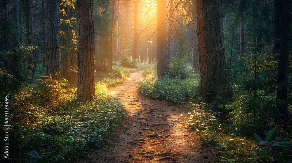 Obraz premium A sunlit path winds through a lush, green forest. Golden light filters through the trees, creating a mystical atmosphere.