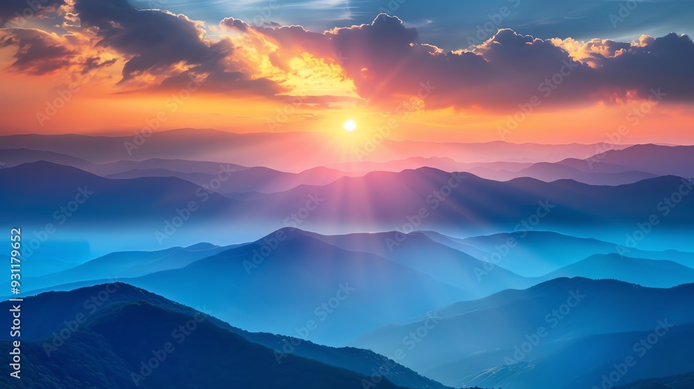 A vibrant sunrise illuminates a misty mountain landscape, casting warm hues across the peaks. A vibrant sunrise illuminates a misty mountain landscape, casting warm hues across the peaks.