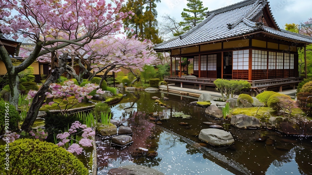 Obraz premium Traditional Japanese Garden with Cherry Blossoms and Pond
