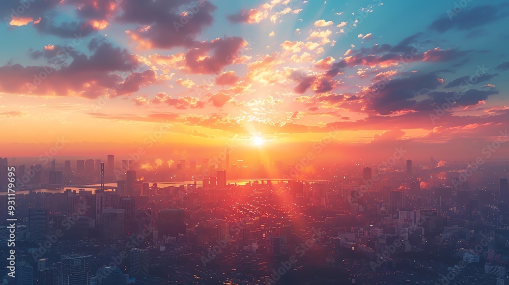 Fototapeta premium A vibrant sunrise over a city skyline, with colorful clouds and a glowing sun.