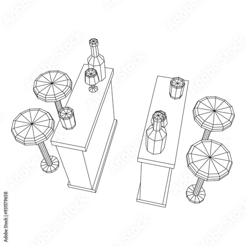 Bar counter with stools, bar top with bottles and glasses. Wireframe low poly mesh vector illustration.