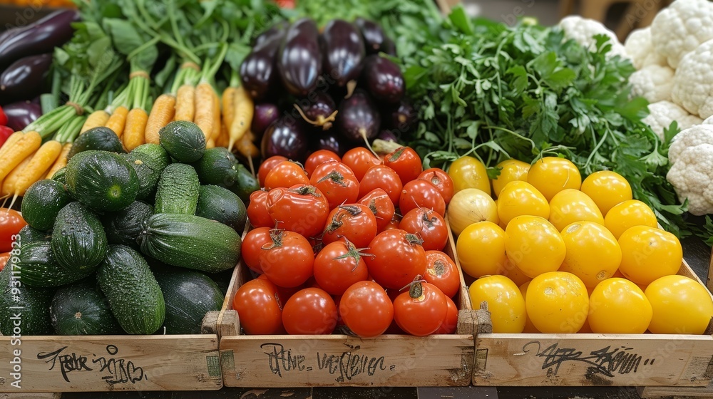 Fresh vegetables on display at a farmers market in the afternoon Fresh vegetables on display at a farmers market in the afternoon