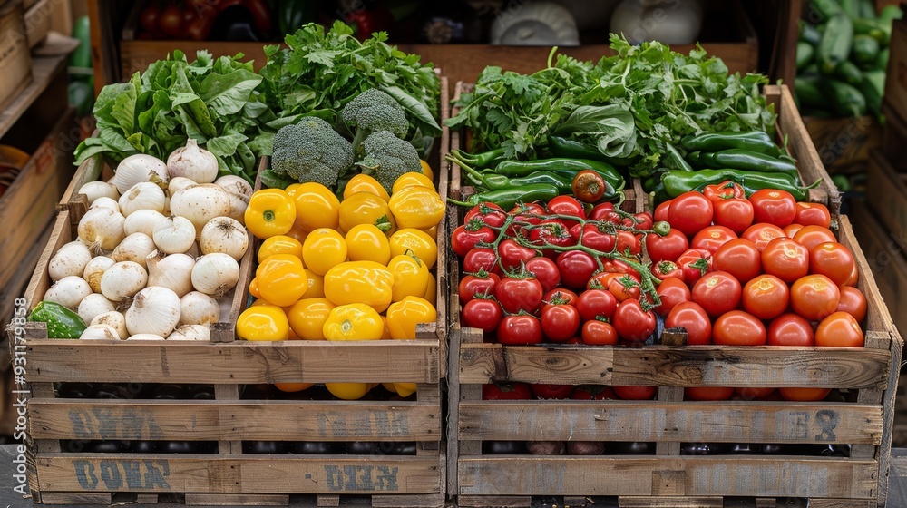 Fresh vegetables displayed in wooden crates at an outdoor market on a sunny day