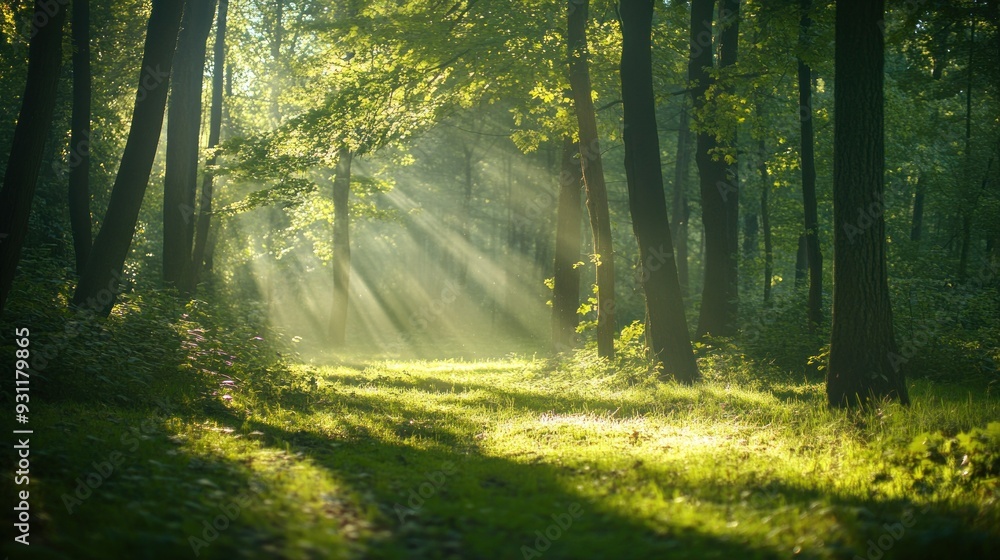 Obraz premium Sunbeams Filtering Through Trees in a Forest Clearing