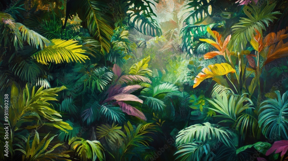 Wander through a lush jungle canopy, where dense foliage and vibrant plant life create a rich tapestry of green Wander through a lush jungle canopy, where dense foliage and vibrant plant life create a rich tapestry of green