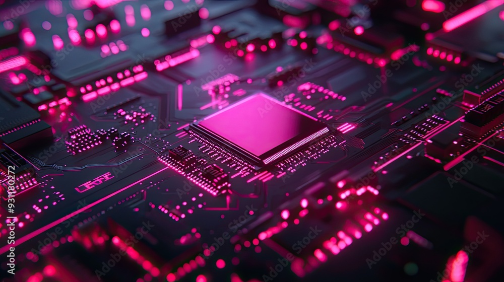 A close-up shot of a computer motherboard with a pink CPU glowing in the dark. A close-up shot of a computer motherboard with a pink CPU glowing in the dark.