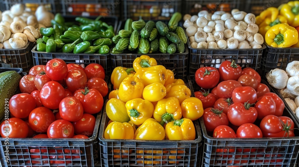 Fresh vegetables displayed in baskets at a local market during the afternoon Fresh vegetables displayed in baskets at a local market during the afternoon