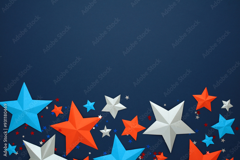 Obraz premium USA flag stars with confetti on dark blue background. Happy Independence Day 4th of July, Presidents Day, Labor day, election concept.