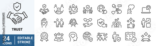 Trust web line icons. Integrity, confidence, reliability, credibility, empathy, friends collection. Vector illustration.