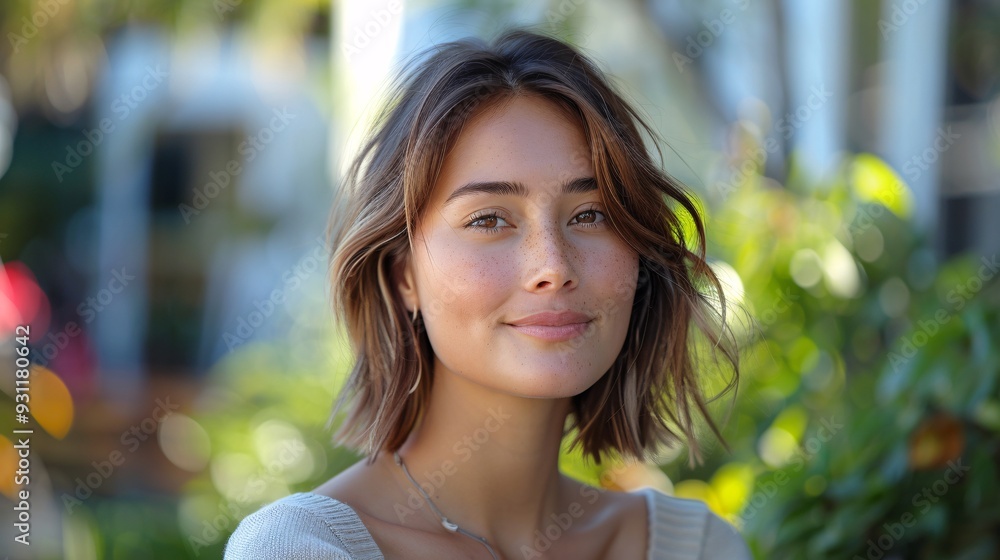 Candid shot of a woman with short hair in a tropical setting Candid shot of a woman with short hair in a tropical setting