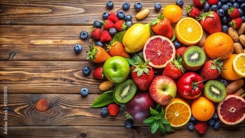 Fototapeta Naklejka Na Ścianę i Meble -  Fresh assortment of colorful fruits on a wooden table, fresh, fruits, colorful, assortment, healthy, organic, natural, wood, table