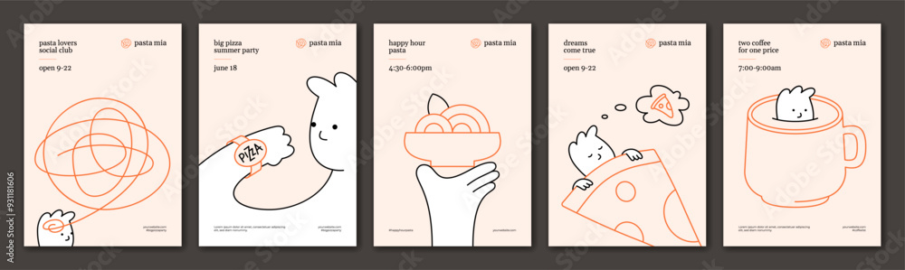 Obraz premium Pasta and pizza poster set. Cute cartoon character food illustration. Vector noodle ramen design concept. Spaghetti banner background. Templates for italian, asian, chinese, restaurant, cafe, pizzeria