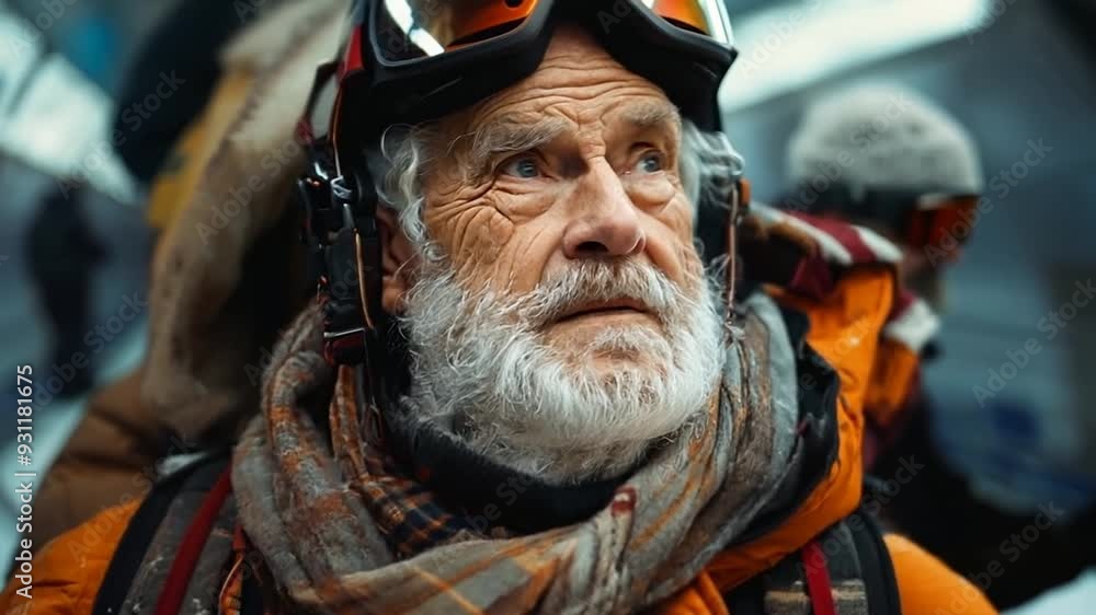 An elderly man in an orange jacket and helmet prepares for an outdoor adventure in a snowy environment during winter An elderly man in an orange jacket and helmet prepares for an outdoor adventure in a snowy environment during winter