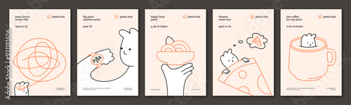 Pasta and pizza poster set. Cute cartoon character food illustration. Vector noodle ramen design concept. Spaghetti banner background. Templates for italian, asian, chinese, restaurant, cafe, pizzeria