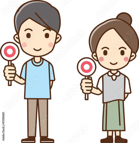 Illustration of a man and woman holding a tag with a circle symbol on it.