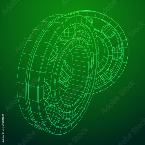 Roller bearing. Circular round rotating bearings used in industry for heavy equipment mechanical work and engineering. Wireframe low poly mesh vector illustration.