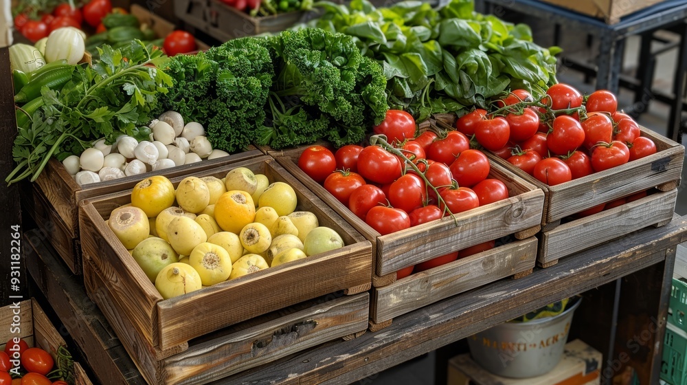 Fresh produce display at a local market featuring tomatoes, greens, and lemons in wooden crates Fresh produce display at a local market featuring tomatoes, greens, and lemons in wooden crates