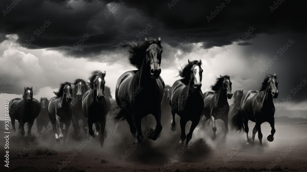 Black stallions with long mane run on dark background in monochrome scene. Neural network ai generated art Black stallions with long mane run on dark background in monochrome scene. Neural network ai generated art