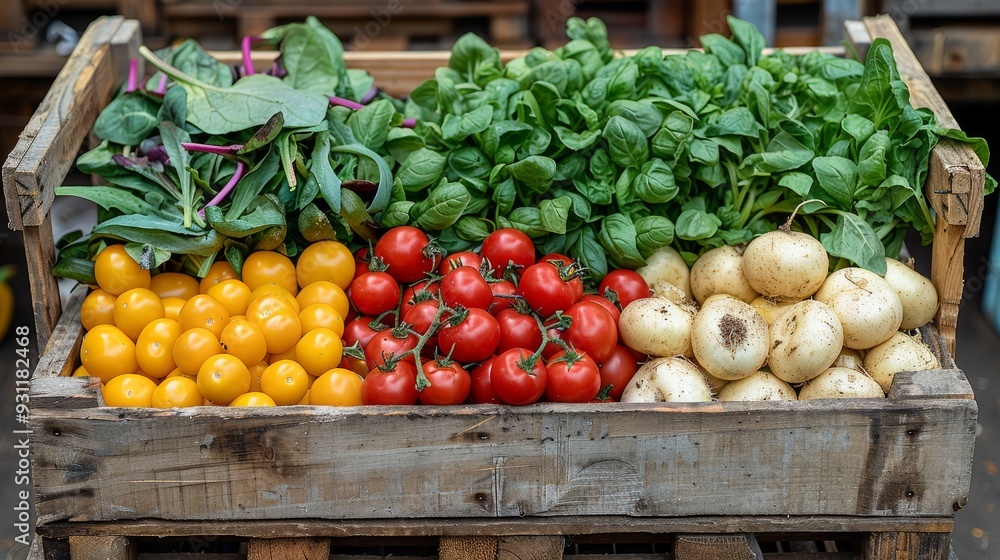 Fresh seasonal vegetables displayed in a wooden crate at a local market during daylight Fresh seasonal vegetables displayed in a wooden crate at a local market during daylight