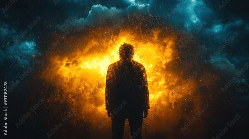 Obraz premium A person standing beneath dark, stormy clouds, symbolizing a heavy emotional burden.