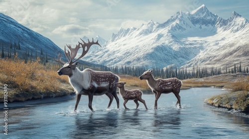 Reindeer Family Crossing a Mountain River photo