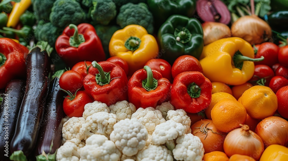 Fresh vegetables displayed at a farmer's market in the afternoon, featuring bell peppers, broccoli, cauliflower, and more Fresh vegetables displayed at a farmer's market in the afternoon, featuring bell peppers, broccoli, cauliflower, and more