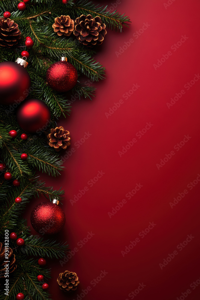 Festive Pine Branches on Red Background Festive Pine Branches on Red Background