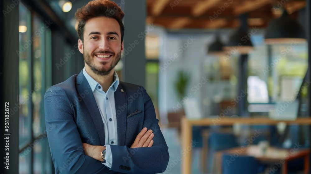 Smiling handsome businessman with crossed arms in modern office, young man exuding confidence, business success concept. Smiling handsome businessman with crossed arms in modern office, young man exuding confidence, business success concept.