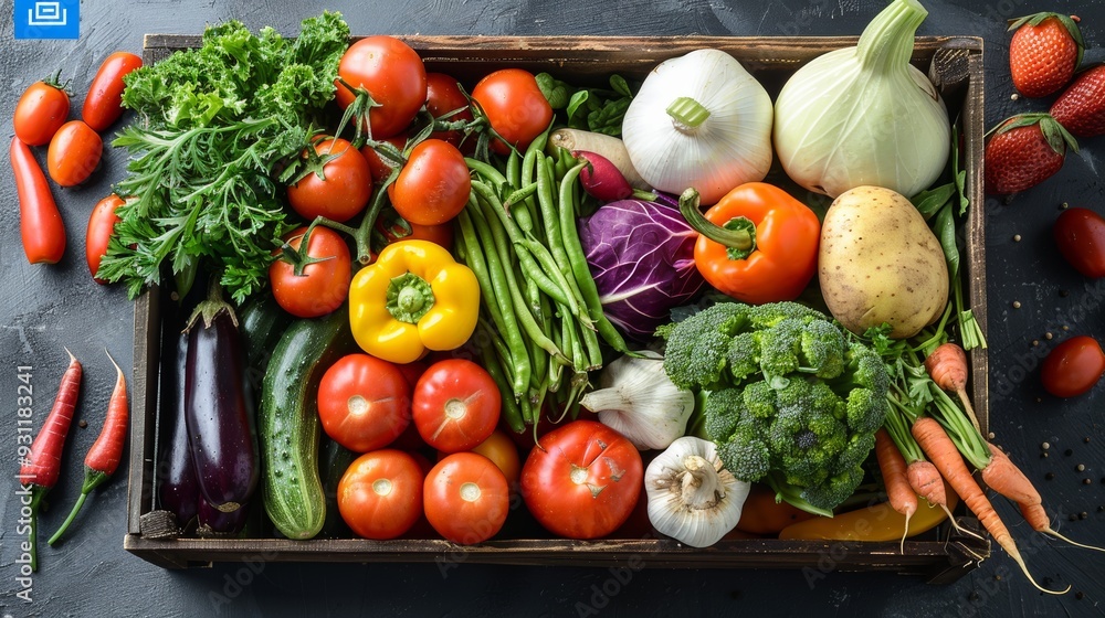Freshly harvested vegetables and fruits displayed in a wooden crate on a dark surface Freshly harvested vegetables and fruits displayed in a wooden crate on a dark surface