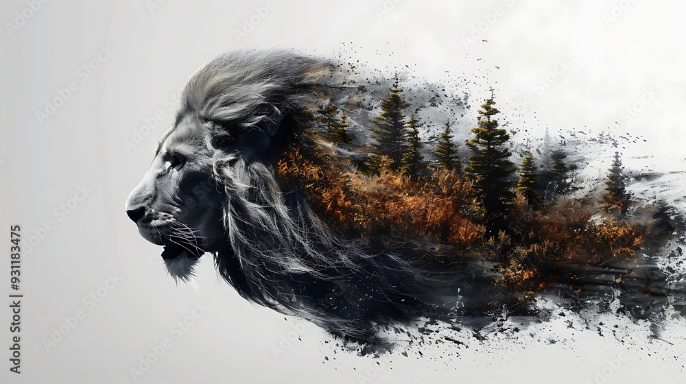 Fototapeta premium A lion mid-roar, its mane intertwined with the golden grasses and Acacia trees of the African savannah in a double exposure effect, set against a white background.