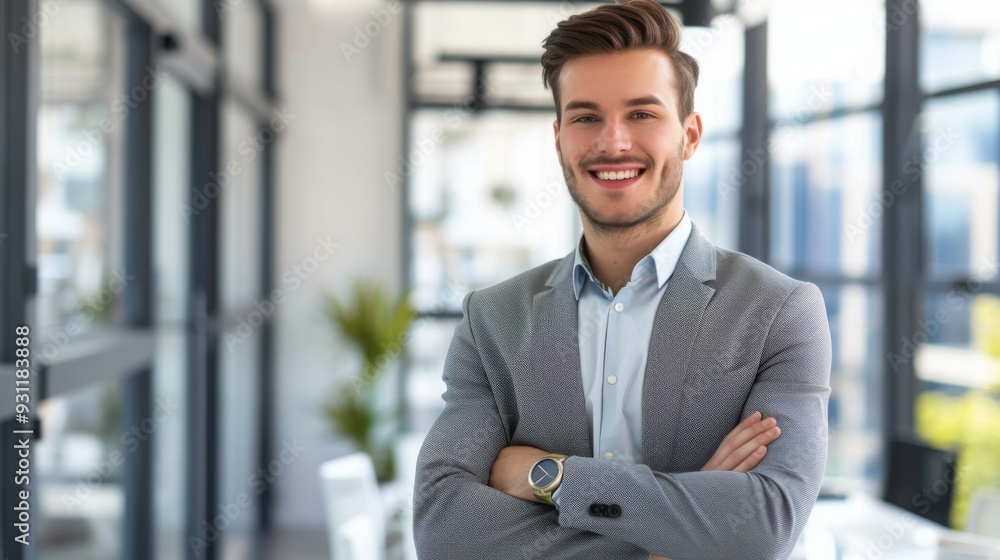 Fototapeta premium Smiling handsome businessman with crossed arms in modern office, young man exuding confidence, business success concept.