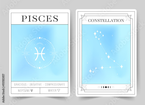 Pisces. Witchcraft cards with astrology zodiac sign and constellation. Modern gradient blurred astrology posters in Y2k style. Perfect for tarot readers and astrologers. Vector illustration.